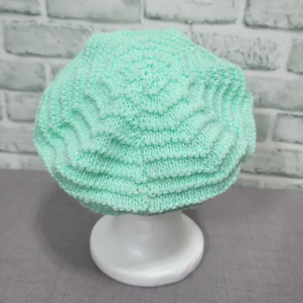 Vintage 70s Handmade Mint Green Metallic Glitter Ribbed Knit Beret Hat Hippie‎
